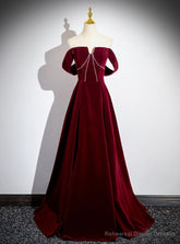 Simple Burgundy Velvet Off the Shoulder Beading Prom Dress